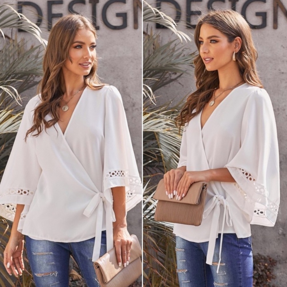 NEW White Crochet Sleeve Side Tie Overlap Blouse